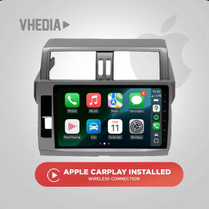 Car stereo touchscreen showing Apple CarPlay apps; red badge below reads 'APPLE CARPLAY INSTALLED' with 'WIRELESS CONNECTION'