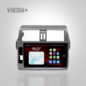 In-dash car infotainment touchscreen displaying a map and app icons, mounted in a dashboard unit.