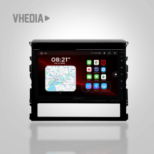 In-dash car stereo with a touchscreen showing a map and app icons; VHEDIA branding in the top-left corner.