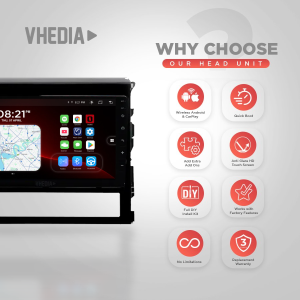 Left: Vhedia car head unit with navigation display; right: grid of eight rounded feature icons with labels (e.g., Wireless Android & CarPlay, Quick Boot). For accessibility, describes purpose and features communicated by the image.