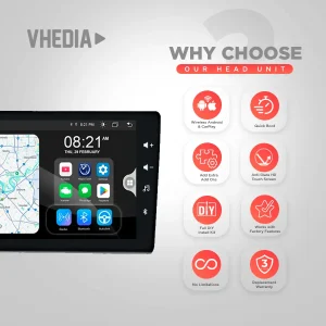Promotional image for VHEDIA head unit showing feature icons and a dashboard screen.