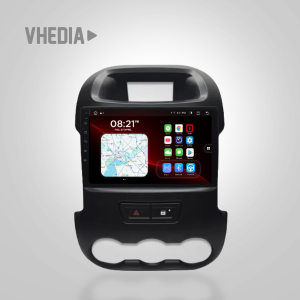 In-dash touchscreen car infotainment system displaying navigation map and app icons.