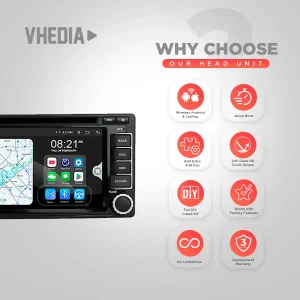 Infographic promoting a car head unit: left side shows a touchscreen stereo, right side lists eight feature icons like Wireless Android & CarPlay and Quick Boot.