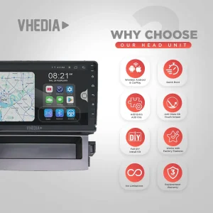 Vhedia car head unit showing navigation map on the left and feature icons on the right; title reads 'Why Choose Our Head Unit' .