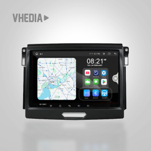 In-car infotainment touchscreen displaying a map on the left and app icons on the right inside a black dash unit.—Vhedia watermark in top-left corner