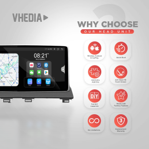 VHEDIA head unit ad: car stereo with map display on left and eight feature icons on right, including wireless Android/CarPlay and quick boot
