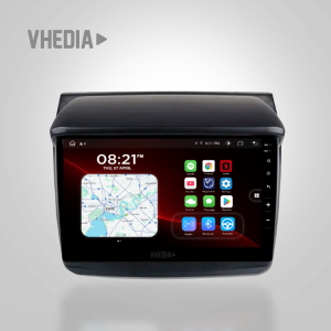 In-car touchscreen head unit showing a map app and app icons on a dark display, branded Vhedia in the corner.