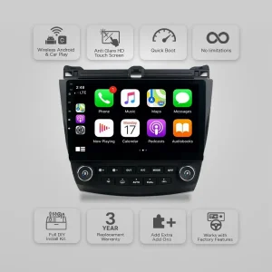 Infotainment car head unit with a large touchscreen showing apps, surrounded by feature badges (Android Auto/CarPlay, anti-glare screen, quick boot, DIY kit, warranty).