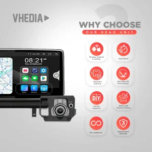 Promotional infographic for VHEDIA car head unit showing eight feature icons (Wireless Android & CarPlay, Quick Boot, Add Extra Add Ons, Anti-Glare HD Touch Screen, Full DIY Install Kit, Works with Factory Features, No Limitations, Replacement Warranty).