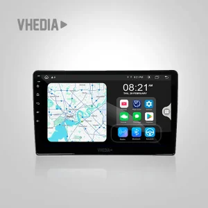 In-car touchscreen infotainment system showing a map on the left and app icons on the right, time 08:21 AM (VHEDIA panel).