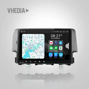 In-dash car infotainment touchscreen showing a map and app icons on the screen.