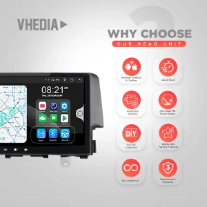 VHEDIA head unit promo with feature icons: wireless Android/CarPlay, Quick Boot, DIY install kit, anti-glare touchscreen, factory features, and warranties.