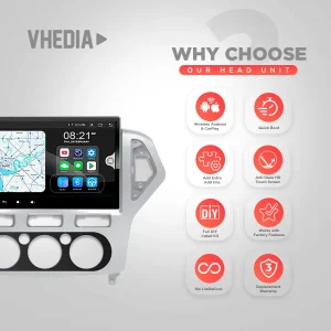 VHEDIA car head unit promo with map display on left and eight feature badges on the right.