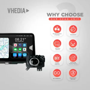VHEDIA head unit with navigation screen and a grid of feature icons on the right (Android/CarPlay, quick boot, DIY install).