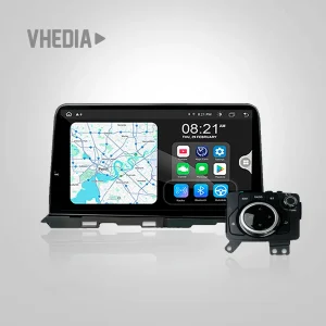 Car infotainment head unit showing navigation map on the left and app icons on the right with a circular control dial nearby, VHEDIA branding visible.