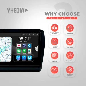 Why Choose Our Head Unit — Vhedia promo with eight feature icons (Wireless Android/CarPlay, Quick Boot, Add Extra Apps, Anti-Glare HD Touch Screen, DIY Install Kit, factory features, No Limitations, Replacement Warranty).
