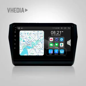 Infotainment touchscreen showing a navigation map on the left and app icons on the right inside a car dashboard panel.