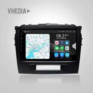 Infotainment display in a car showing a navigation map and app icons on the touchscreenhogin front panel