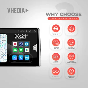 VHEDIA head unit with app icons and feature list: Android Auto/CarPlay, Quick Boot, DIY install kit, anti-glare touch screen, factory features, warranty.