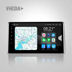 In-car touchscreen infotainment system showing a navigation map on the left and app icons on the right under a black bezel, with VHEDIA watermark in the top left.
