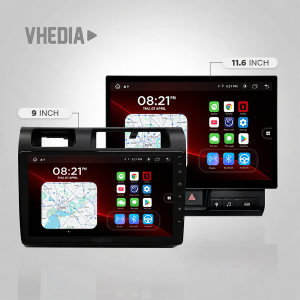 Two VHEDIA car infotainment screens show maps and app icons: 11.6-inch and 9-inch models side by side.