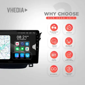 Promotional graphic for the Vhedia car head unit showing a touchscreen stereo with a map on the left and eight feature icons on the right under 'Why Choose Our Head Unit' (Wireless Android & CarPlay, Quick Boot, Add Extra Add Ons, Anti-Glare HD Touch Screen, DIY Install Kit, Works with Factory Features, No Limitations, Replacement Warranty).