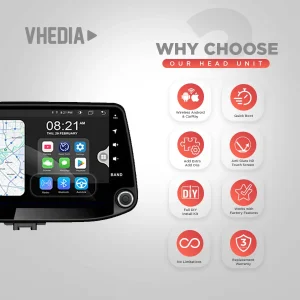 Marketing hero showing a VHEDIA head unit with eight feature icons: Wireless Android & CarPlay, Quick Boot, DIY install kit, anti-glare touchscreen, add-ons, factory features, no limitations, replacement warranty.