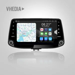 In-car touchscreen infotainment system showing a map on the left and app icons on the right, with a Vhedia logo above.