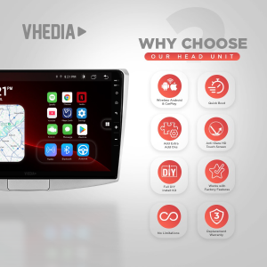 Vhedia head unit interface with a car touchscreen on the left and nine red feature icons on the right.