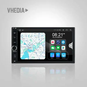In-dash car stereo touchscreen showing a map (Perth area) and app icons on the right side, with the time 08:21.