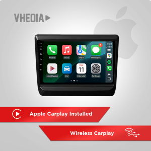 Car infotainment touchscreen displaying app icons with red banners reading 'Apple Carplay Installed' and 'Wireless Carplay'.