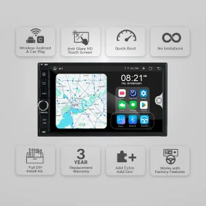 Infographic-style car stereo with features: wireless Android/CarPlay, anti-glare touch screen, quick boot, no limitations, and warranty details below