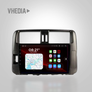 In-car infotainment touchscreen displaying a map app and app icons, mounted in a vehicle dashboard unit.