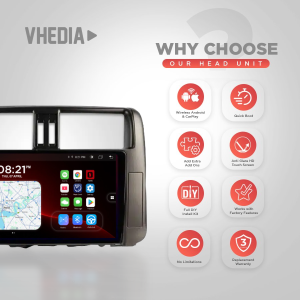 Promotional graphic for Vhedia head unit highlighting features: Wireless Android & CarPlay, Quick Boot, DIY install kit, anti-glare touch screen, factory feature compatibility, warranty, and no limitations.
