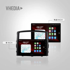 VHEDIA dual-screen car infotainment units: 11.5-inch and 9-inch models showing navigation maps and app icons.