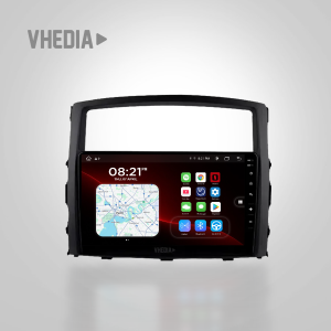 In-car touchscreen infotainment unit displaying a navigation map and app icons, with Vhedia branding above.