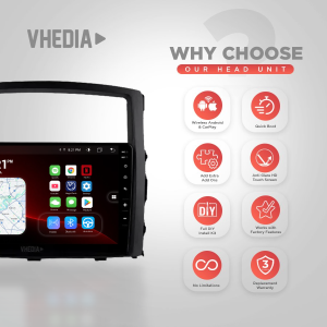 VHEDIA head unit promo: tablet-style screen with app icons displayed on left and feature icons on the right titled 'Why Choose Our Head Unit'