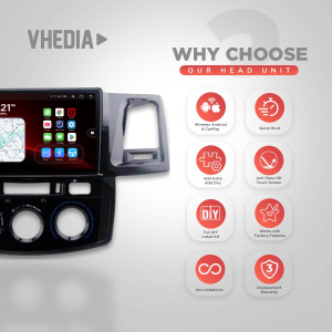 Vhedia head unit advertisement showing a car dashboard with a grid of feature icons: Android/CarPlay, quick boot, add-ons, anti-glare touchscreen, full DIY kit, factory features, no limitations, replacement warranty.