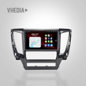 Car dashboard center console bezel with a touchscreen showing maps and apps.