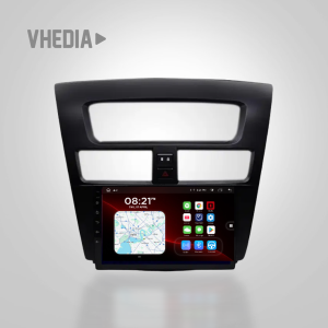 Car infotainment touchscreen in the center console showing a map and app icons on a black dashboard panel.