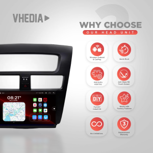 Vhedia head unit with eight feature icons on the right side: Wireless Android & CarPlay, Quick Boot, Add Extras, Anti-Glare HD Touch Screen, DIY Install Kit, Factory features, No Limitations, Replacement Warranty