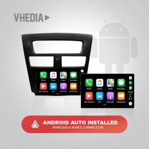In-dash car infotainment screen showing Android Auto apps with a tablet display and Android logo watermark in the background, plus a red 'Android Auto Installed' badge.