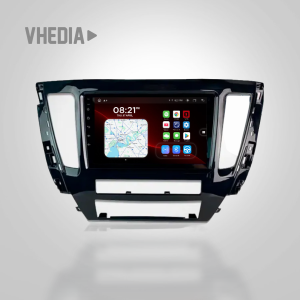 Car infotainment head unit with a large touchscreen showing a navigation map and app icons on the home screen (center console).