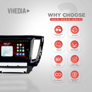 Dashboard head unit with app icons and a right-side grid of red circular features illustrating wireless Android/CarPlay, quick boot, DIY install, and factory features.