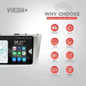 VHEDIA head unit promotional image showcasing features like Android Auto/CarPlay, quick boot, anti-glare touch screen, and DIY install kit on the right.