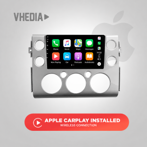 In-dash car stereo displaying Apple CarPlay apps on the touchscreen, with a red banner reading 'Apple CarPlay Installed'.