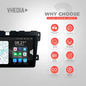 VHEDIA car head unit front view with navigation map on the left and eight red-on-white feature icons on the right (why choose our head unit).