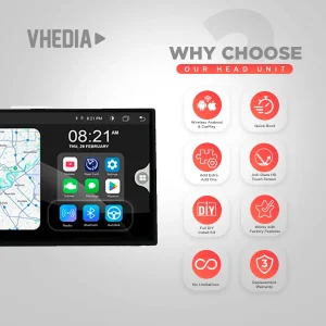 VHEDIA head unit with map on the left and a grid of eight red feature icons on the right, promoting the head unit.