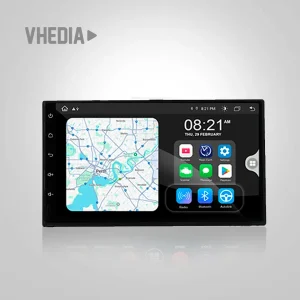 Car touchscreen head unit displaying navigation map on the left and app icons on the right.