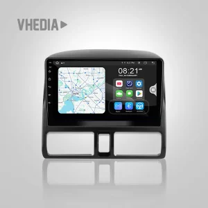 In-car multimedia touchscreen showing navigation map on the left and app icons on the right, mounted in a black dashboard frame.
